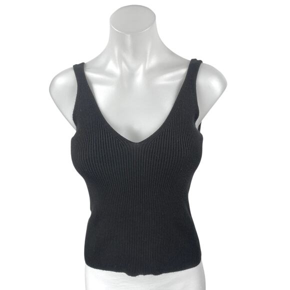 MNG Mango Women's Black Rib Knit Sleeveless V-neck Cami Camisole Crop Tank Top M - Picture 1 of 4